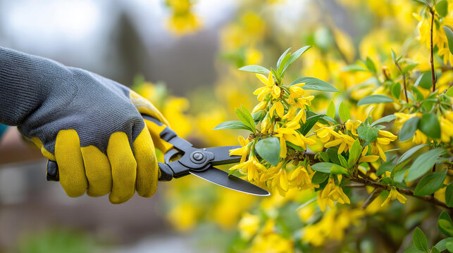 Close-up of a gardener's gloved hand holding pruning shears near a flowering shrub, garden pruning concept, plant trimming activity, spring garden maintenance, defocused background, with