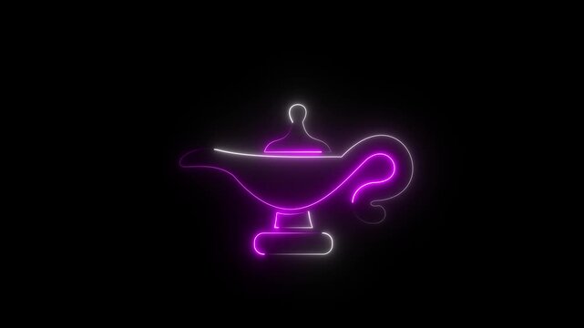 Blue Neon Outline of a Traditional Magic Lamp on Black Background genie lamp Aladdin lamp