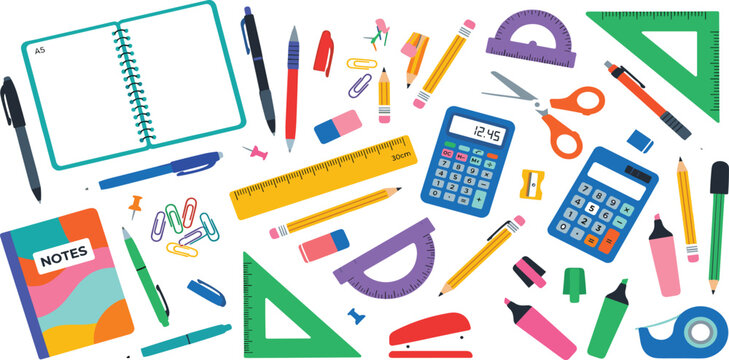 Back to school education stationery vector set with notebooks rulers calculators pens pencils markers scissors and math tools for student learning and classroom activities.