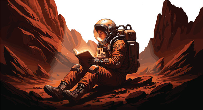 Astronaut in orange space suit sitting on rocky red planet Mars surface reading a glowing book in a canyon landscape flat vector illustration.