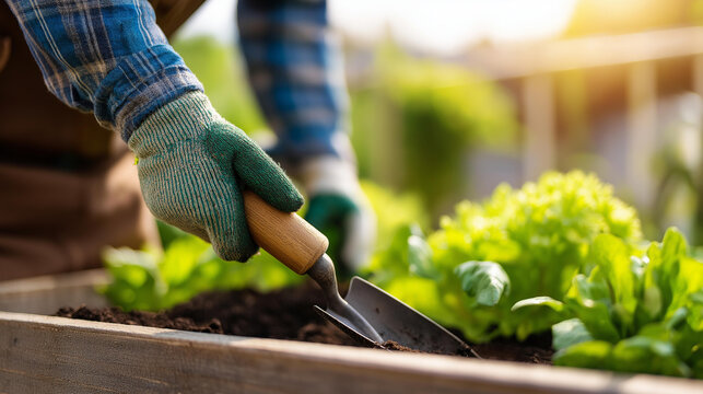 Rear view of a person working in a raised garden bed loosening soil with a hand trowel in sunlight, vegetable garden concept, sustainable lifestyle, organic gardening, defocused background,