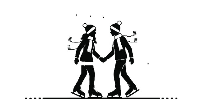 Ice skaters hold hands while gliding gracefully across a frozen winter surface.