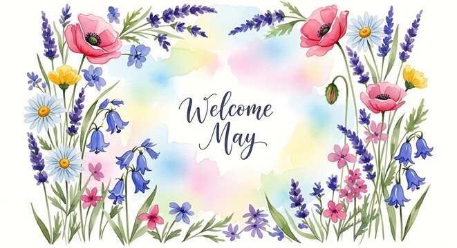 hand-drawn floral welcome may illustration with spring flowers and watercolor background