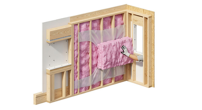 Skilled hand installing pink fiberglass insulation into the wooden stud frame of a house wall during construction, highlighting thermal efficiency and energy-saving building practices