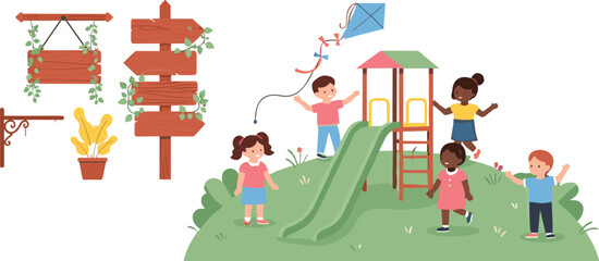 Fototapeta premium Kids playing at playground with slide and kite, outdoor park activities and wooden sign elements, colorful flat vector illustration for childhood, recreation, and nature design