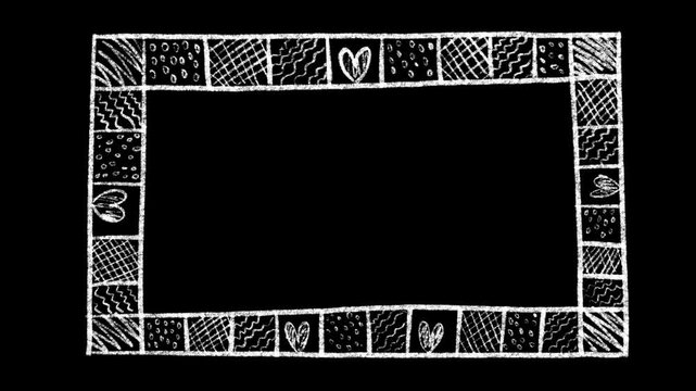 Hand drawn white chalk doodle frame animation with patterns on transparent background