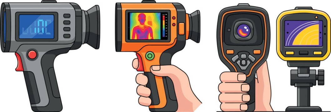 Thermal imaging devices set with handheld infrared cameras and heat detection scanners, industrial temperature measurement tools vector illustration collection