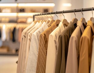 Obraz premium Rack of various clothing items on hangers in a retail store, showcasing a neutral color palette and diverse textures