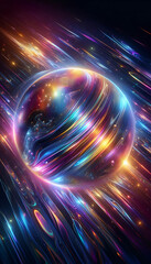 Obraz premium Colorful abstract planet with glowing trails in cosmic space futuristic universe concept digital art vibrant galaxy sphere background