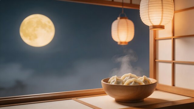 Steaming dumplings by window with moon