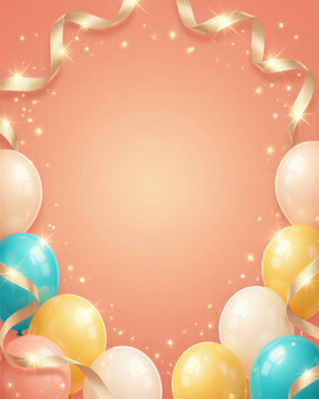 Gold ribbons and colorful balloons on a peach background celebrate a birthday.