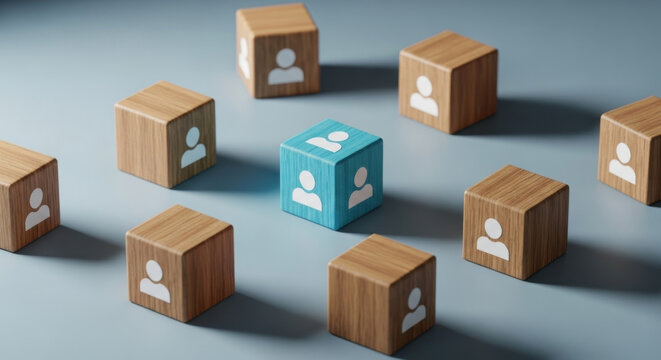 Social network concept with wooden cubes and one blue standout block, symbolizing leadership, individuality, and team structure