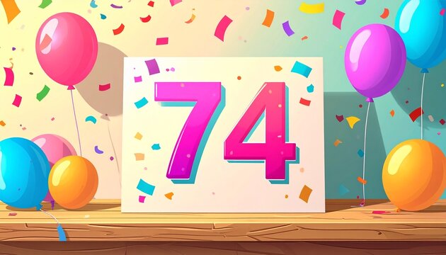 Birthday or anniversary card with number 74. Cartoon illustration with bright colors and balloons
