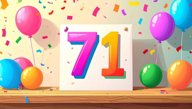 Birthday or anniversary card with number 71. Cartoon illustration with bright colors and balloons