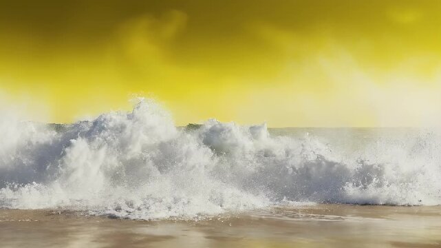A powerful ocean wave crashes onto the shore under a vibrant yellow sky, showcasing the raw beauty and force of nature.