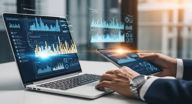 Business analyzing financial data on tablet and laptop with digital charts and growth graph interface. Concept of business analytics, KPI monitoring, investment growth and performance reporting. 