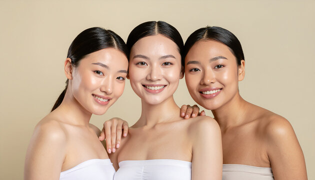 Three smiling young Asian women with glowing healthy skin posing together against a warm beige background, inclusive Asian beauty and skincare campaign concept