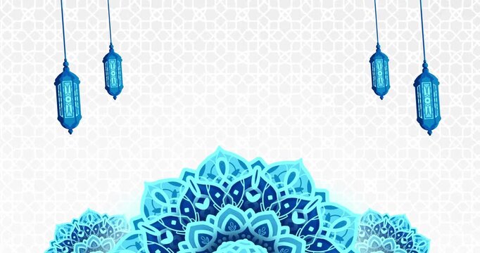 Islamic pattern background motion seamless loop featuring blue traditional ornaments and glowing lanterns for elegant religious graphic design concept.