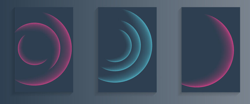 Cover templates set with vibrant gradient round shapes. Futuristic abstract backgrounds with glossy sphere for your creative graphic design. Vector illustration.