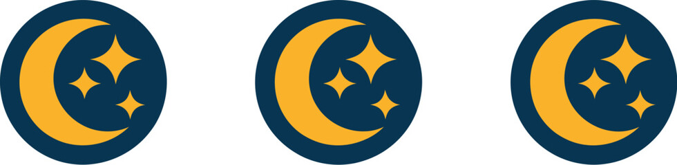 Crescent moon icon set, three variations with star patterns on dark circular background representing night sky astronomy and celestial design. © Eva Elrod