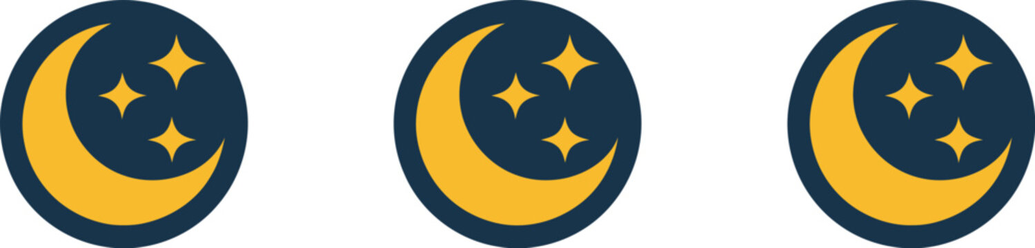 Crescent moon icon set, minimalist lunar symbols with different star arrangements on dark circle background for space astrology and night theme design.