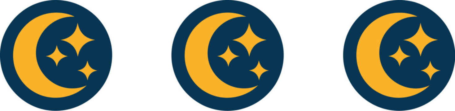Crescent moon icon set, three variations with star patterns on dark circular background representing night sky astronomy and celestial design.