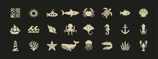Set of stylized geometric sea life and ocean icons including shark whale and turtle © thetwelvesense