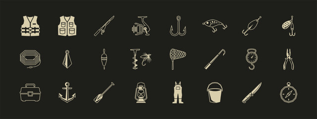 Comprehensive fishing gear icon collection featuring rods hooks lures and outdoor tackle equipment © thetwelvesense