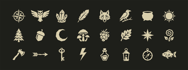 Minimalist forest and magic vector icons featuring animals plants and survival tools © thetwelvesense