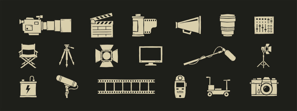Set of hand-drawn movie production and cinematography equipment icons on black background