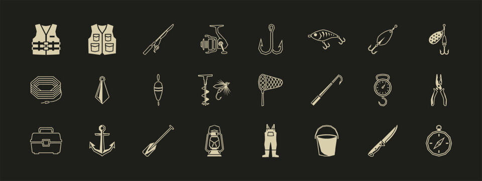 Comprehensive fishing gear icon collection featuring rods hooks lures and outdoor tackle equipment