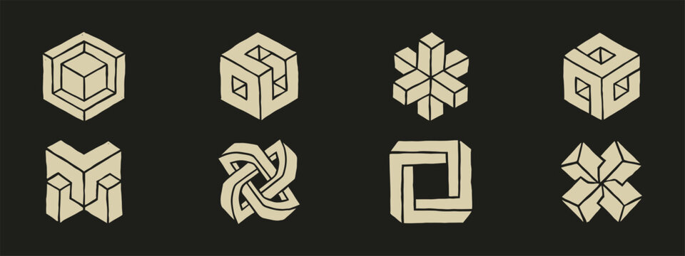 Collection of eight hand drawn isometric geometric icons and impossible shapes on dark background