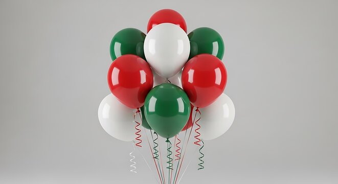 Festive red white and green balloons bouquet, glossy helium party balloons with curly ribbons, celebratory holiday decorations for Christmas or national events