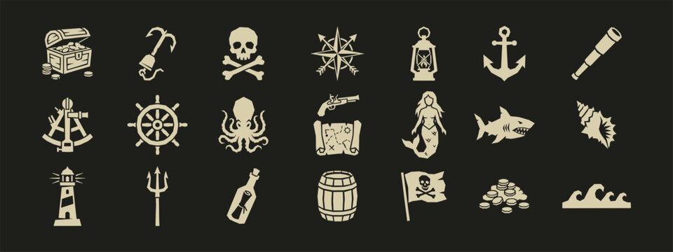 Collection of pirate icons including skull treasure chest anchor and nautical symbols