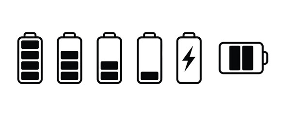 Battery icon set with different charge levels and charging symbol vector illustration simple flat outline design energy power status concept © EQBAL BASAR HABIB