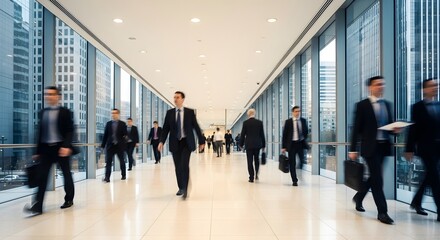 Fototapeta premium Business professionals walking through a modern building's corridor