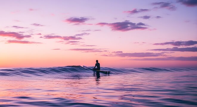 A lone surfer sitting on a surfboard in the middle of the ocean during a vibrant purple and pink sunset over the horizon
