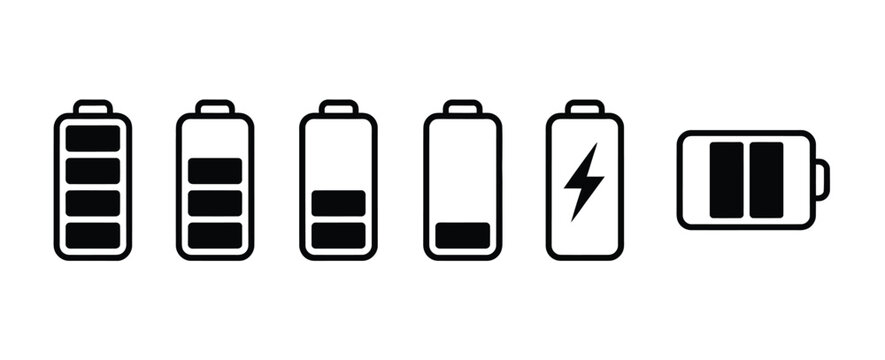 Battery icon set with different charge levels and charging symbol vector illustration simple flat outline design energy power status concept