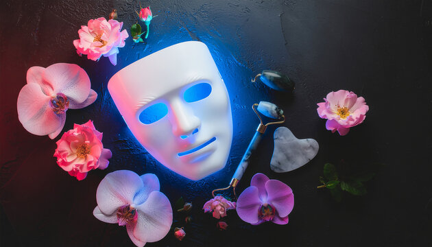 Top view of LED light therapy face mask with roses and jade roller on dark background, beauty tech concept