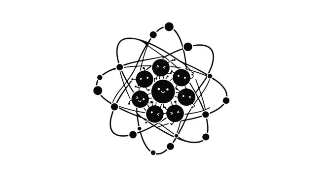 Atom model features a central nucleus with orbiting electrons in a flat design style.