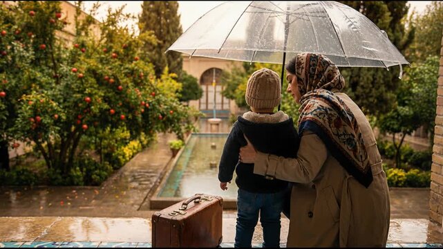 Woman and toddler with umbrella in rainy garden of Iran. Mother and child standing by vintage luggage in courtyard during autumn rain. Travel family concept.