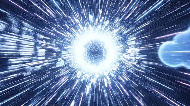 A vibrant, abstract depiction of hyperspace travel showcases streaks of light and color converging towards a central point, evoking a sense of speed and cosmic wonder.
