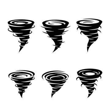 Set of Six Black Tornado Icons on White Background