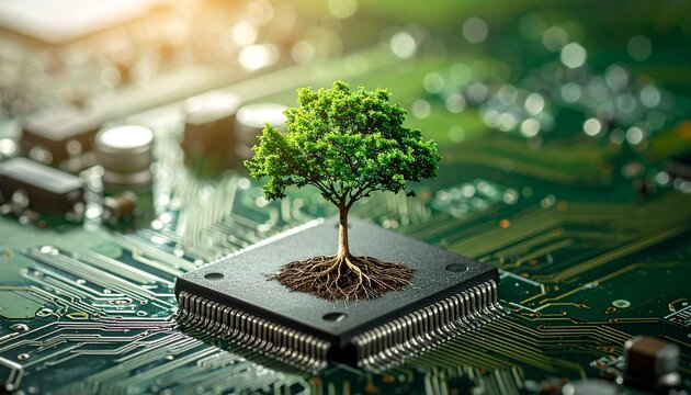 Green tree growing from computer microchip