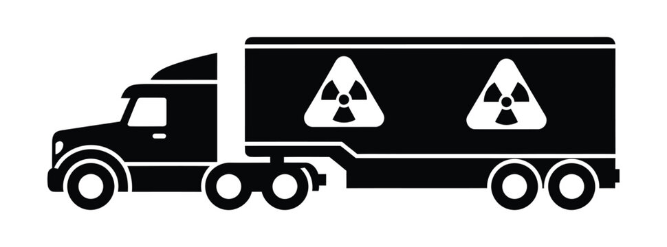 Black and white icon of a truck with a trailer marked with two radioactive symbols representing hazardous material transport radioactive transport
