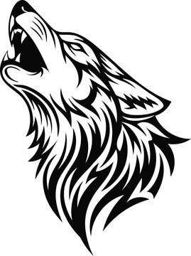 Stylized wolf head illustration howling predator black and white silhouette icon design