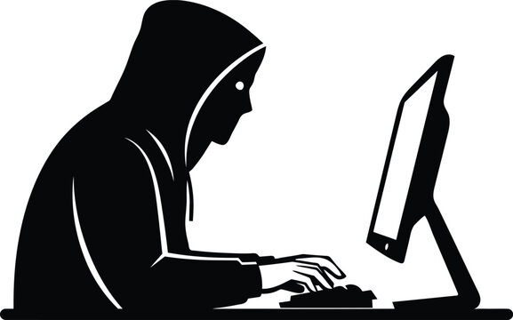 Anonymous hacker silhouette a digital shadow engaged with computer technology icon design