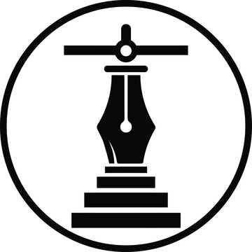 Black and white emblem scales justice with quill and ink silhouette icon design
