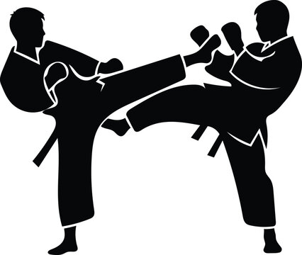Dynamic silhouette two martial artists engaged intense karate combat icon design