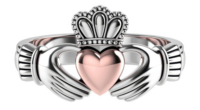 Silver claddagh ring with a rose gold heart centerpiece isolated on a plain white background